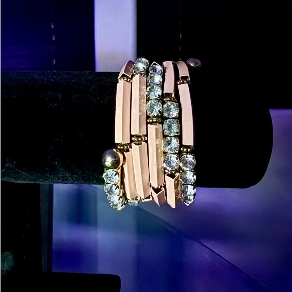 Blush Pink Enamel Bar Crystal Wrap Bracelet Gold Tone Rhinestone Stack